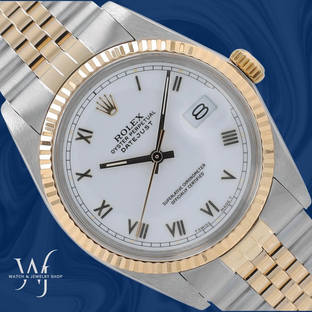Rolex Datejust 16013 36mm Mens Two Tone White Roman Num Dial Fluted Jubilee Band